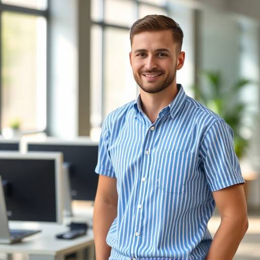 Camisa social listrada azul e branca masculina, manga curta, ideal para o verão no escritório.