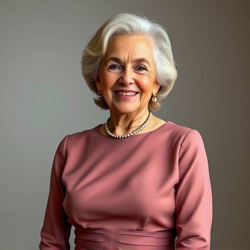 Foto de Maria Silva, fundadora da Alfaiataria Elegância e Estilo, uma senhora sorrindo com um vestido elegante.