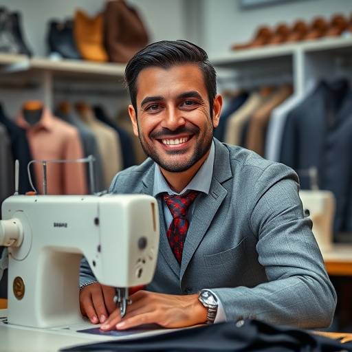 Foto de Pedro Almeida, alfaiate da Alfaiataria Elegância e Estilo, um homem sorrindo trabalhando em uma máquina de costura.